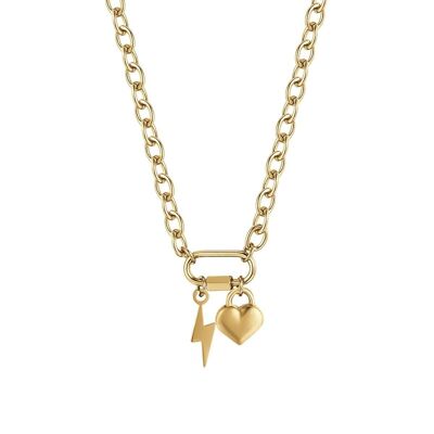 IP gold steel necklace with lightning bolt and heart