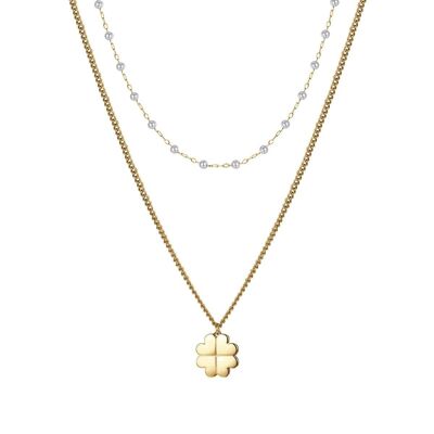 IP gold steel necklace with four-leaf clover