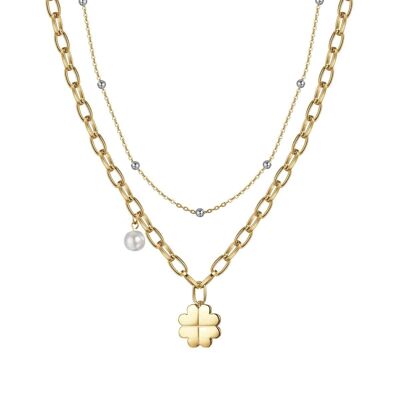 Halskette aus Edelstahl in IP-Gold mit vierblättrigem Kleeblatt und Perle