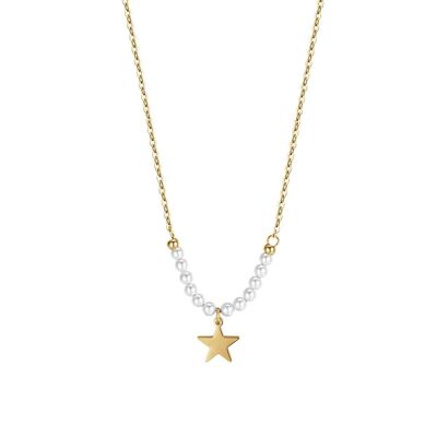 Collana in acciaio ip gold con stella e perle bianche
