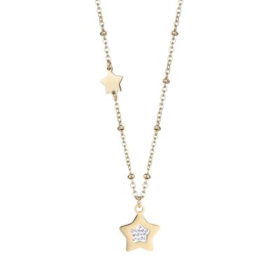 IP gold steel necklace with stars with white crystals