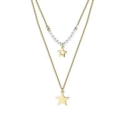 IP gold steel necklace with stars and white pearls