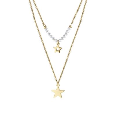 Collana in acciaio ip gold con stelle e perle bianche