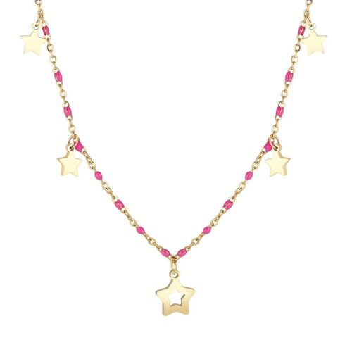 Collana in acciaio ip gold con stelle e pietre fuxia