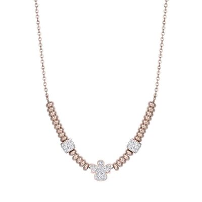 Halskette aus IP-Roséstahl mit Engel mit weißen Kristallen