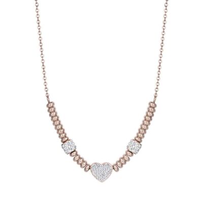 Collar de acero IP rosa con corazón con cristales blancos