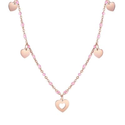 Collier en acier IP rose avec coeurs et pierres roses