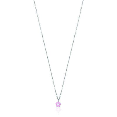 Junior necklace in steel with flower and pink enamel