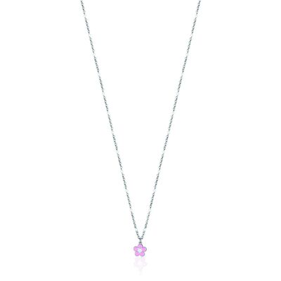 Collier junior en acier avec fleur et émail rose