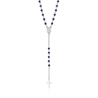 Collar rosario de acero con piedras de lapislázuli