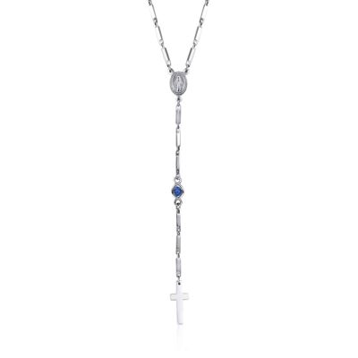 Rosary necklace in steel and capri blue crystals