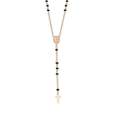Collana rosario in acciaio ip gold con cristalli neri