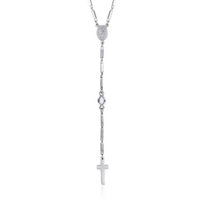 Rosary necklace in steel and white alabaster crystals