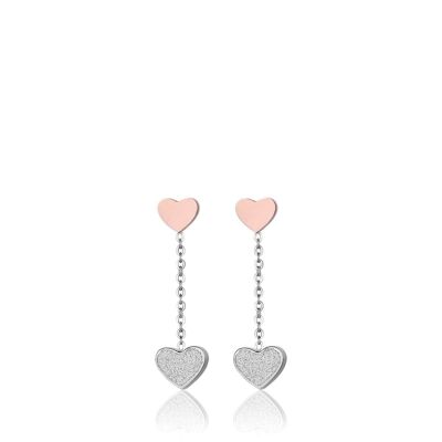 Steel earrings with ip rose hearts and white glitter