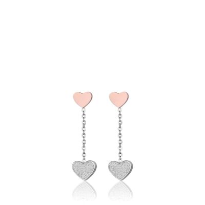 Boucles d'oreilles en acier avec coeurs roses ip et paillettes blanches