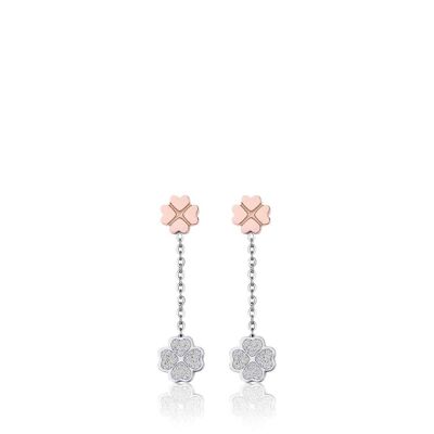 Steel earrings with ip rose four-leaf clovers and white glitter