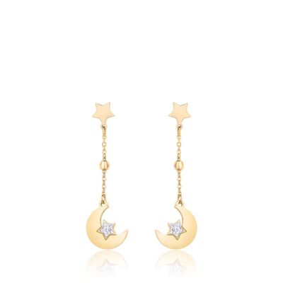 IP gold steel earrings with moons, stars, white crystals