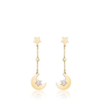 Pendientes de acero IP dorado con lunas, estrellas, cristales blancos