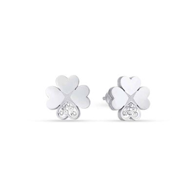 Steel earrings with four-leaf clovers with white crystals