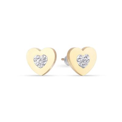 Pendientes de acero ip dorado con corazones con cristales blancos