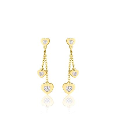 IP gold steel earrings with hearts and white crystals