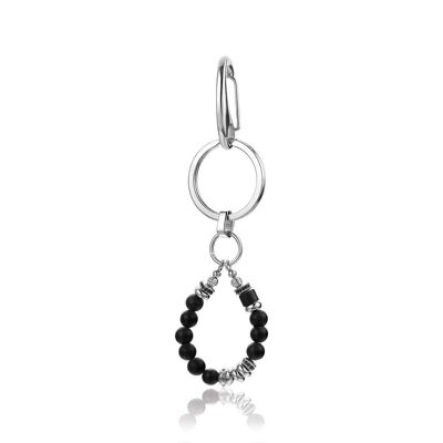 Porte-clés en acier avec onyx et cristaux noirs