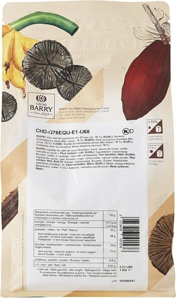 CACAO BARRY - CHOCOLAT DE COUVERTURE - ORIGINE EQUATEUR (noir, cacao 76 %) 1kg- pistoles. 4