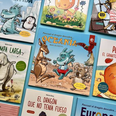 Pack of 15 children's books to learn to read (capital letters, ligatures/cursive, and printing): children's stories in Spanish softcover of increasing difficulty / stories with values: climate change, friendship, respect, diversity