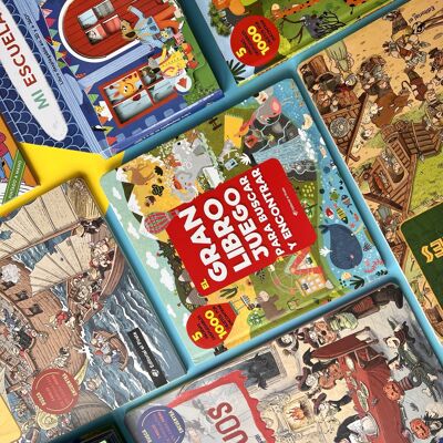 Pack 7 children's books to play: stories in Spanish, game books, search and find, children's carousel book, 3D book, find differences / symbolic game, learn to read, basic skills / capital letter, stick, print