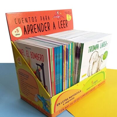 Promo pack 63 children's books + FREE cardboard display: stories in Spanish to learn to read, with values, friendship, helping others, diversity, respect, inclusion / capital letter, stick, print