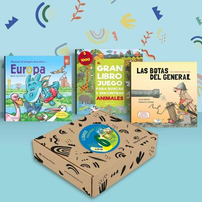 Pack of 3 children's books for 6-year-olds: stories in Spanish, illustrated albums, with values, peace, different cultures, climate change / search and find game, mazes, board game, animals / learn to read