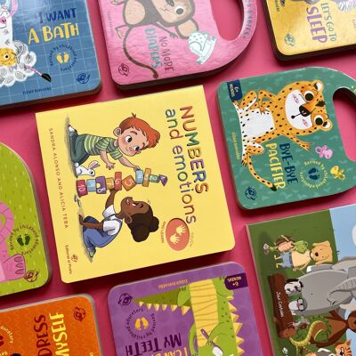 Pack of 11 children's books in English for babies between 0 and 4 years old: hardcover, with values, first words, routines, respect, equality, numbers, emotions / books with flaps, die-cut books