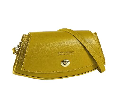 RB1009AR | Borsa Donna a Spalla in Vera Pelle Made in Italy. Tracolla removibile. Attacchi con moschettoni in metallo Oro Lucido - Colore Senape - Dimensioni: cm 30 x 16 x 7