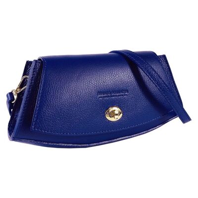 RB1009D | Bolso de Hombro para Mujer en Piel Verdadera Hecho en Italia. Correa de hombro extraíble. Sujeciones con mosquetones de metal dorado brillante - Color Azul - Dimensiones: 30 x 16 x 7 cm