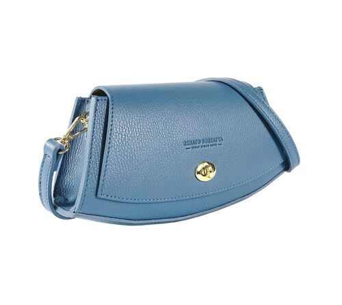 RB1009P | Borsa Donna a Spalla in Vera Pelle Made in Italy. Tracolla removibile. Attacchi con moschettoni in metallo Oro Lucido - Colore Avio - Dimensioni: cm 30 x 16 x 7