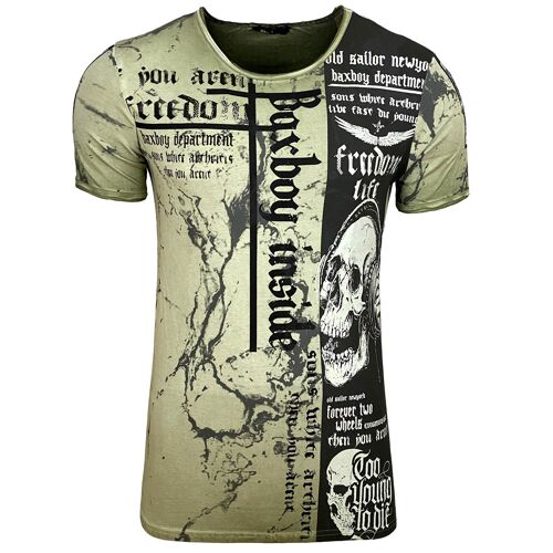Subliminal Mode - T shirt Imprimé Tête de Mort Manches Courtes, Délavé en Coton - BX116