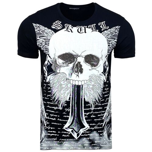 Subliminal Mode - T shirt Imprimé Tête de Mort Manches Courtes avec Strass - BX2309