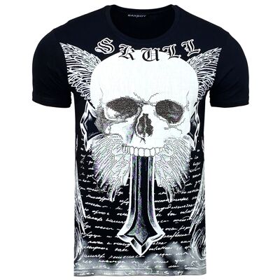 Subliminal Mode - Short Sleeve Skull Print T shirt with Rhinestones - BX2309