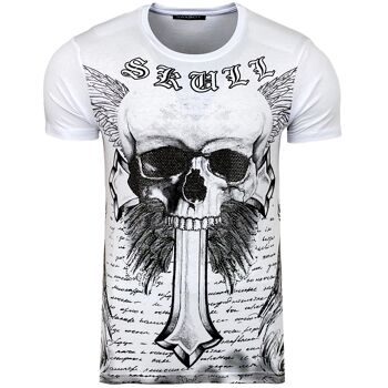 Subliminal Mode - T shirt Imprimé Tête de Mort Manches Courtes avec Strass - BX2309 7