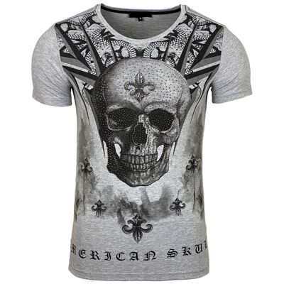 Subliminal Mode - T shirt Imprimé Tête de Mort Manches Courtes avec Strass - BX2312