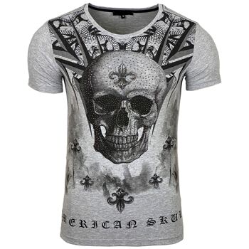 Subliminal Mode - T shirt Imprimé Tête de Mort Manches Courtes avec Strass - BX2312 1