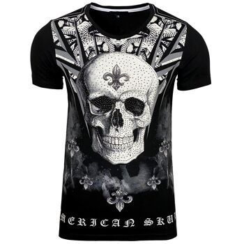 Subliminal Mode - T shirt Imprimé Tête de Mort Manches Courtes avec Strass - BX2312 4