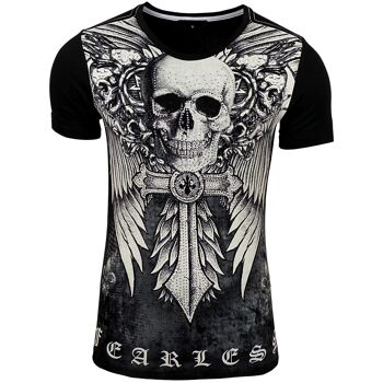 Subliminal Mode - T shirt Imprimé Tête de Mort Manches Courtes avec Strass - BX2314 1