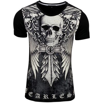 Subliminal Mode - Short Sleeve Skull Print T shirt with Rhinestones - BX2314