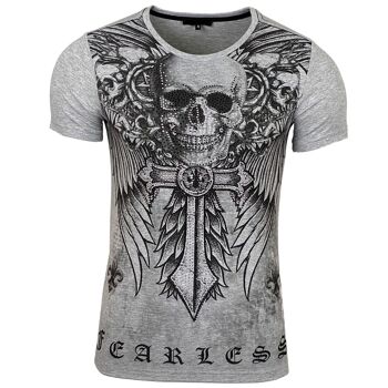 Subliminal Mode - T shirt Imprimé Tête de Mort Manches Courtes avec Strass - BX2314 4