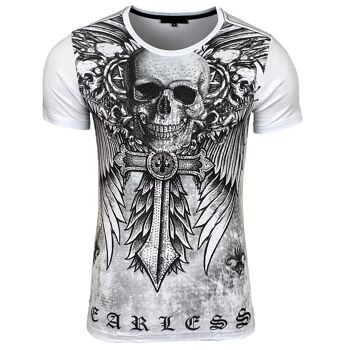 Subliminal Mode - T shirt Imprimé Tête de Mort Manches Courtes avec Strass - BX2314 10