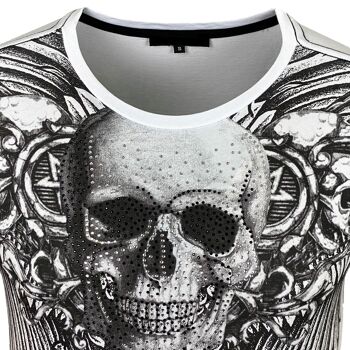 Subliminal Mode - T shirt Imprimé Tête de Mort Manches Courtes avec Strass - BX2314 11