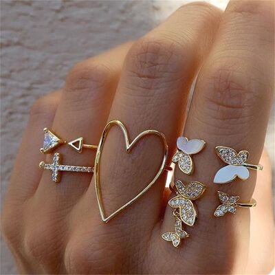 Juego de 5 piezas de anillo de mariposa con diamantes completos en forma de corazón