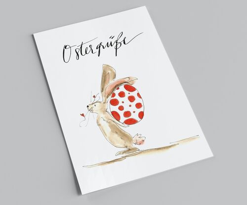 Osterkarte | Ostergrüße | süßer Hase mit buntem Riesen-Ei | Postkarte zu Ostern