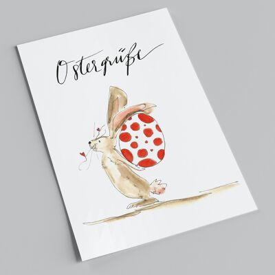 Tarjeta de Pascua | Saludos de Pascua | lindo conejito con colorido huevo gigante | Postal de Pascua